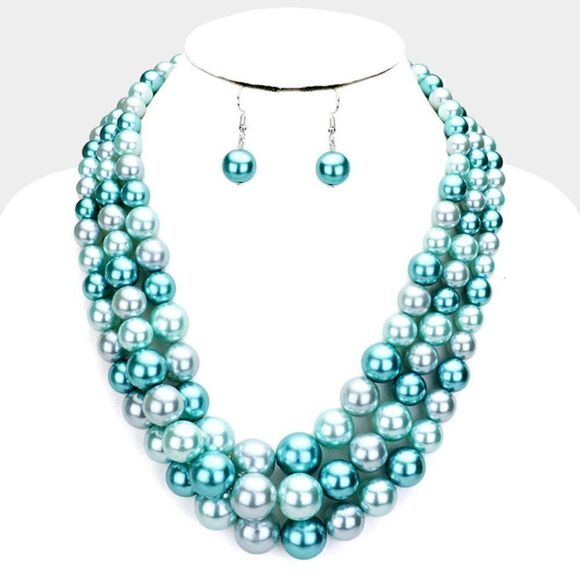 Blue Pearl (faux) Triple Strand Necklace & Earring Set by SP Sophia Collection - Picture 1 of 7